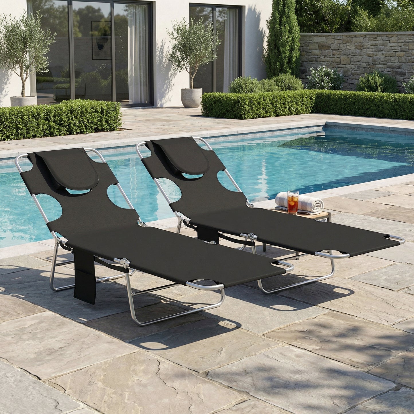 5-Position Adjustable Sun Loungers Set of 2 with Reading Hole and Side Pocket, Black