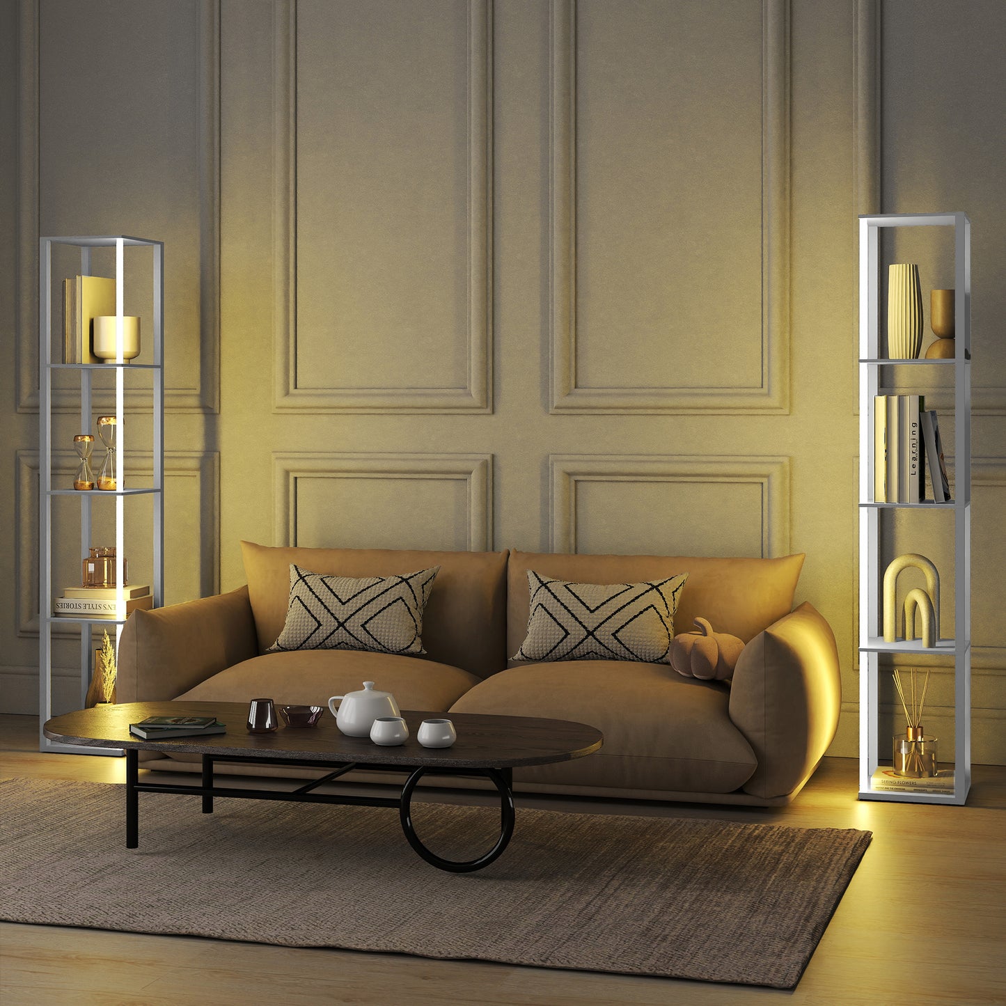 RGB LED Floor Lamp with Shelves, Modern Dimmable Standing Lamp with Remote Control