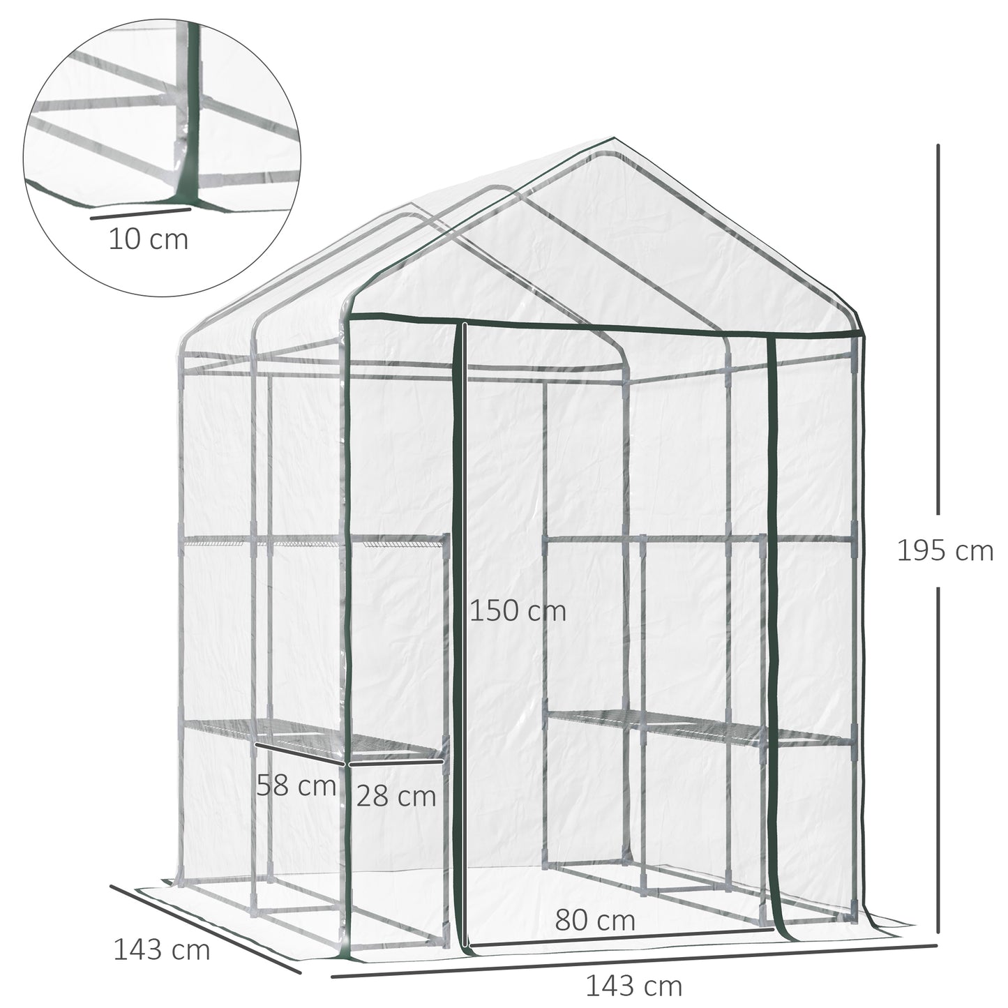 Walk in Greenhouse with 3-Tier 8 Shelves, Green House with Hemmed Cover, Roll-up Zipped Door, Steel Frame, 143 x 143 x 195cm