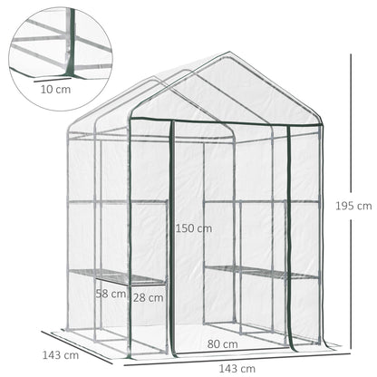 Walk in Greenhouse with 3-Tier 8 Shelves, Green House with Hemmed Cover, Roll-up Zipped Door, Steel Frame, 143 x 143 x 195cm
