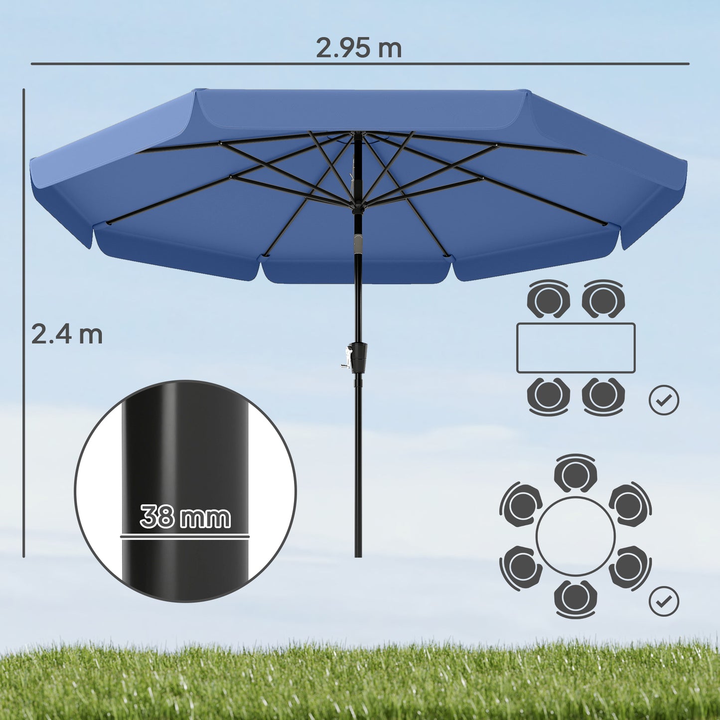 3 m Garden Parasol with Tilt Mechanism & Crank Handle, UPF 30+ Patio Umbrella Outdoor Table Umbrella, Dark Blue