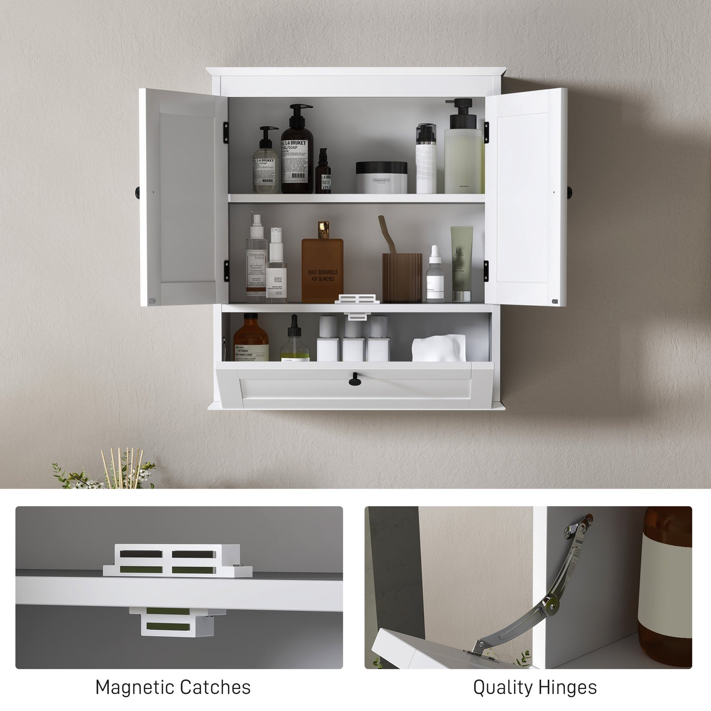 Bathroom Wall Cabinet with Adjustable Shelf and Recessed Doors, White