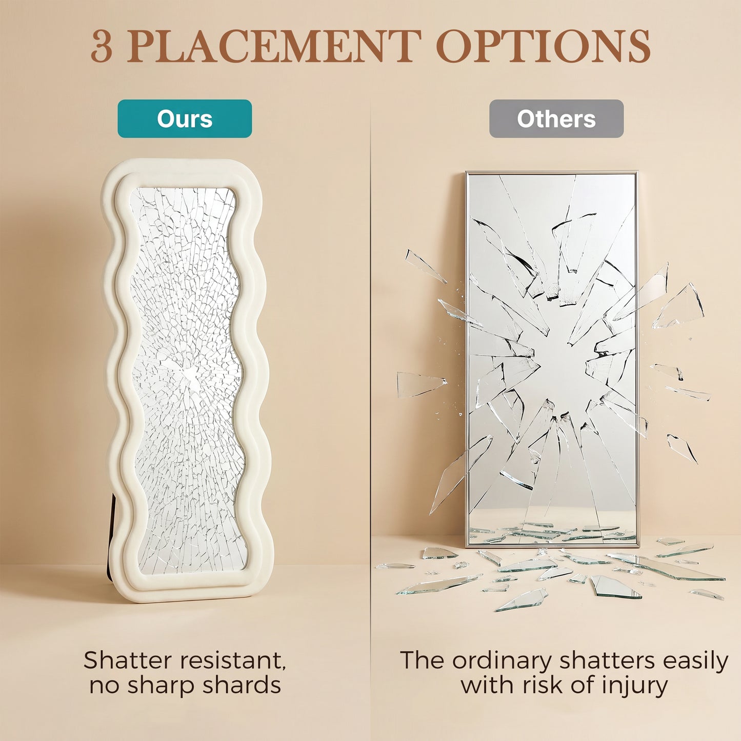 Full Length Mirror, 160 x 60 cm Wavy Full Body Wall Standing Mirror with Velvet Frame and Tempered Glass, Cream White
