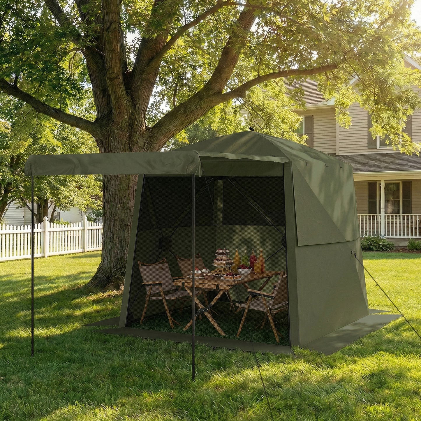 Pop Up Gazebo Waterproof Instant Shelter with Awning Mesh Windows for Camping Patio 2 x 2 m, Army Green