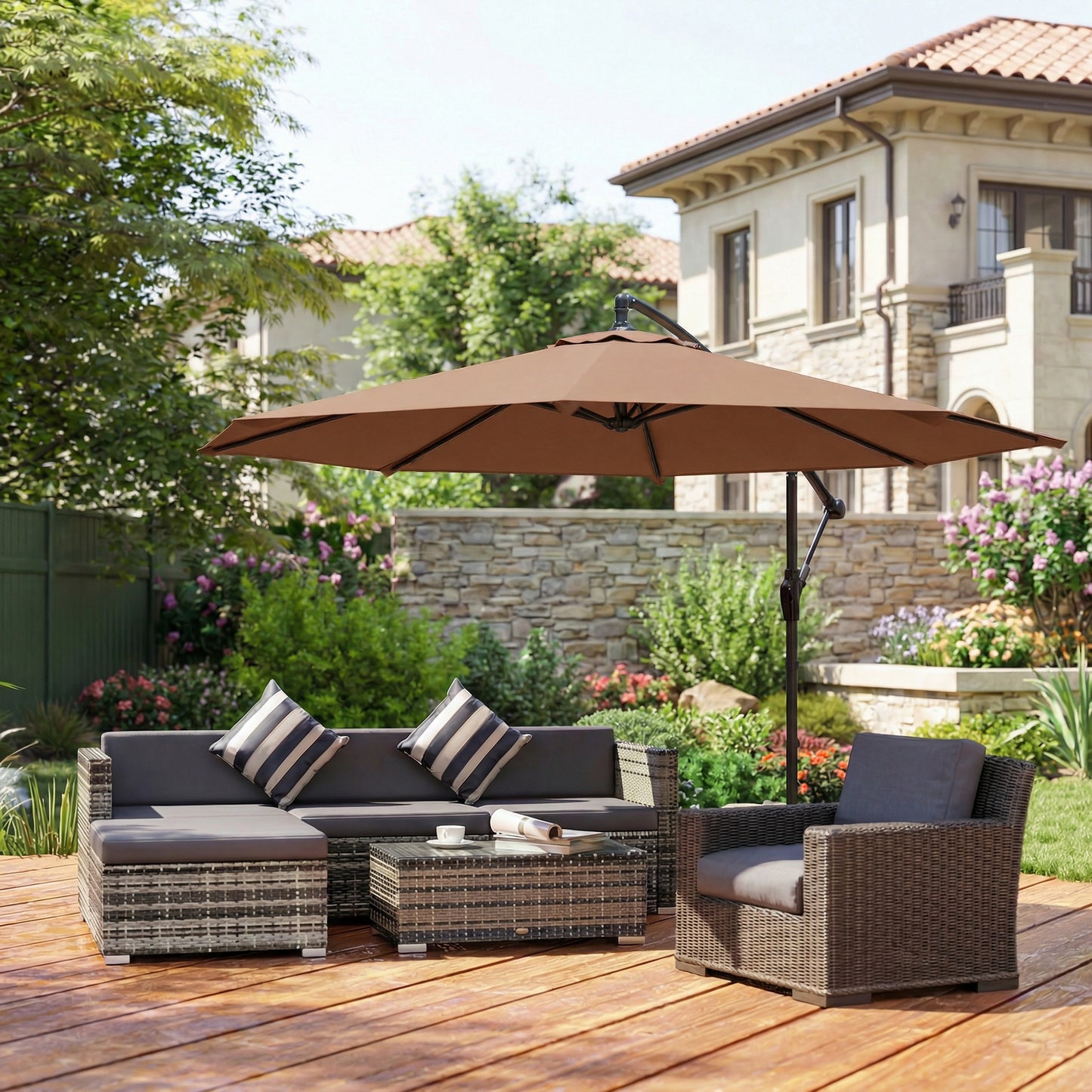 3 m Overhanging Cantilever Parasol, with Cross Base - Coffee
