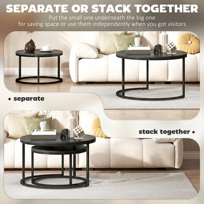 Set of Two Wood-Effect Stacking Tables - Black Wood Grain