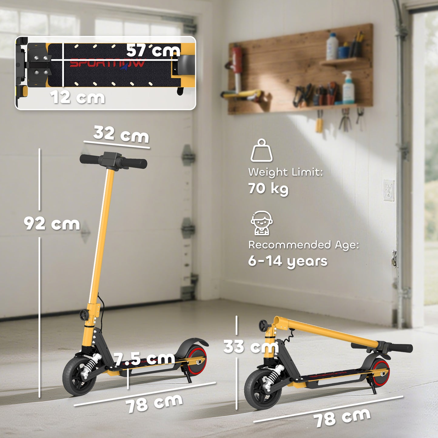 Folding Electric Scooter for Kids, with Dual Brakes, Front Suspension, LED Colourful Lights, Gold Tone