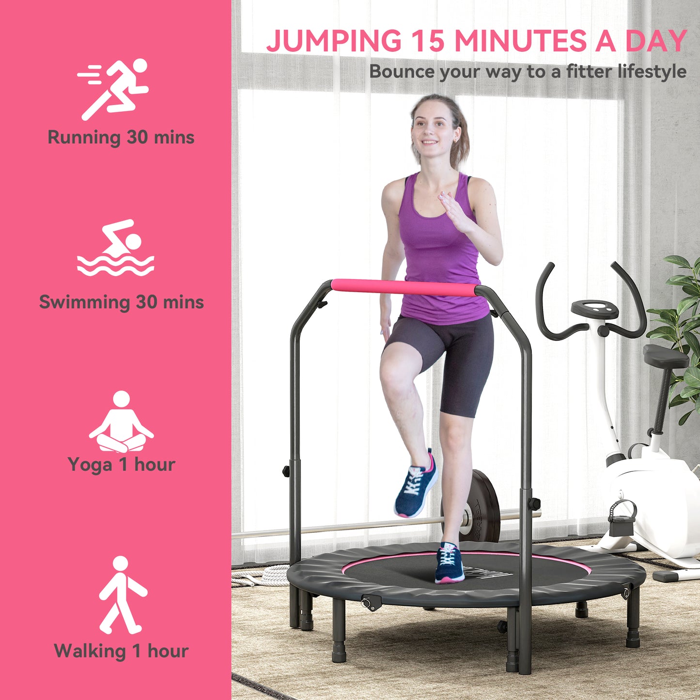 48" Foldable Mini Fitness Trampoline, with Adjustable Foam Handle, Pink