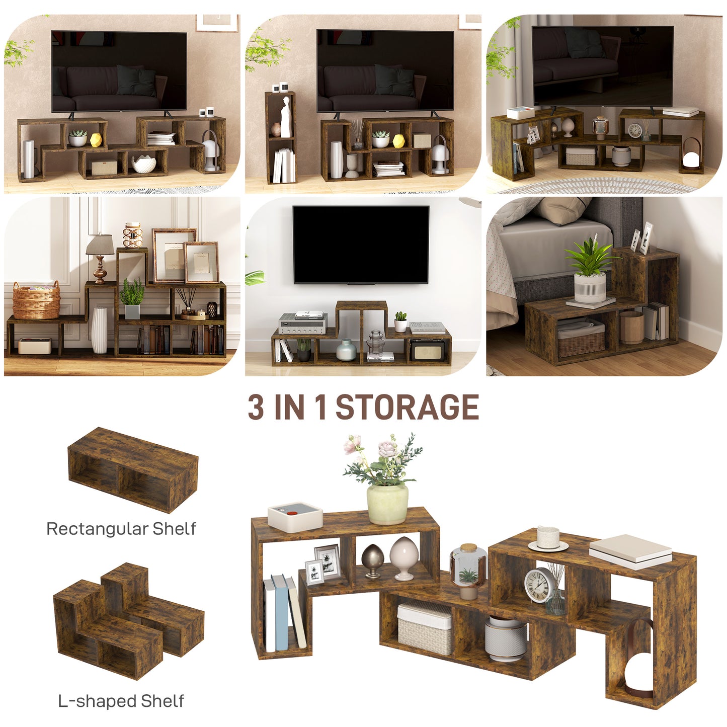 Three-Block Modular TV Stand - Rustic Brown