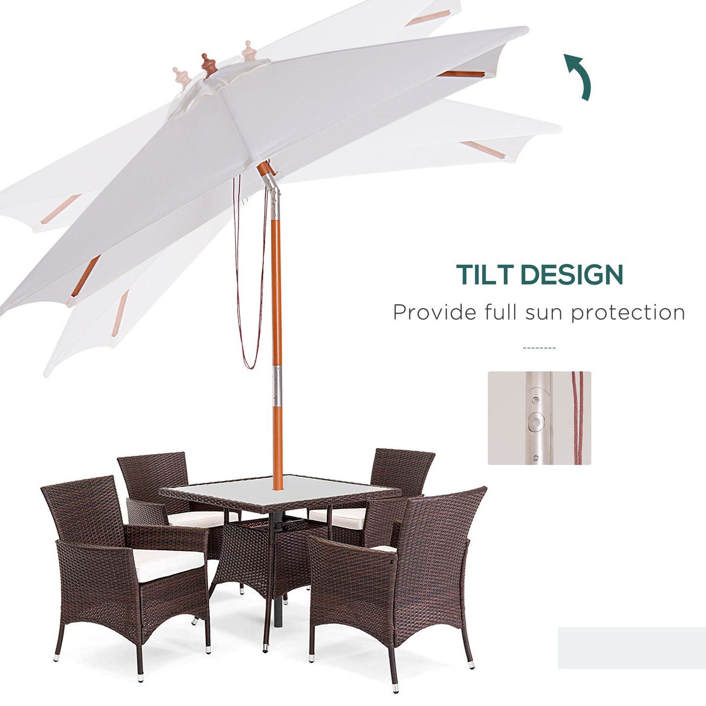 2m x 1.5m Garden Parasol Umbrella with Tilting Sunshade Canopy, Outdoor Market Table Umbrella with Wood and Bamboo Frame