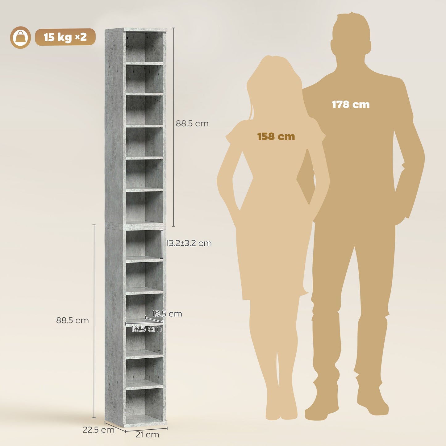 Set of 2 CD Media Display Shelf Unit Tower Rack with Adjustable Shelves, Cement Grey
