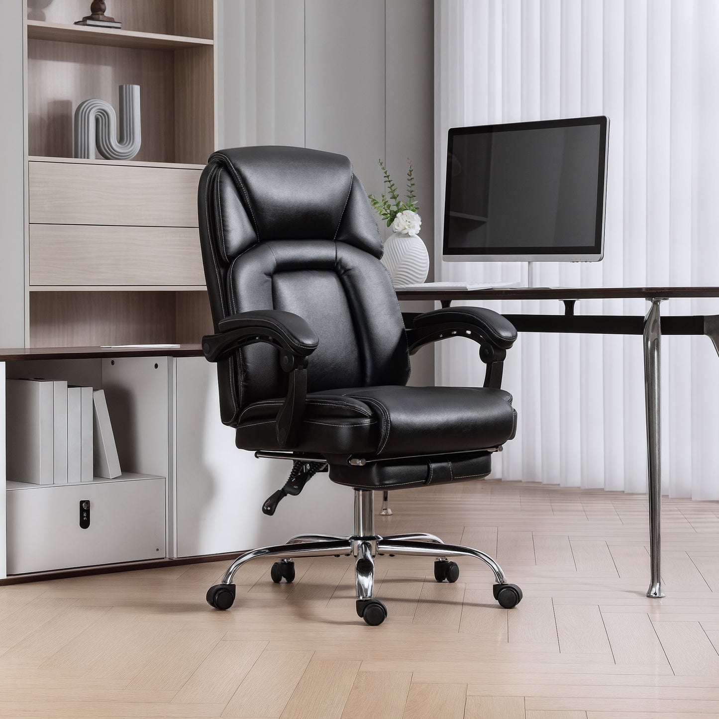 Faux Leather Reclining Office Chair, with Footrest - Black
