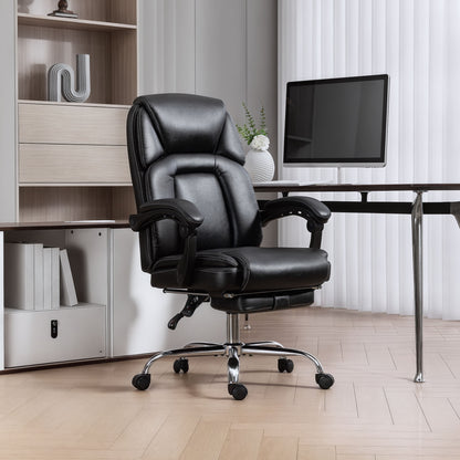 Faux Leather Reclining Office Chair, with Footrest - Black
