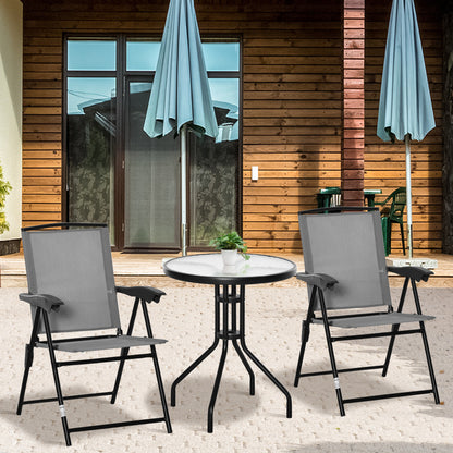 3 Piece Outdoor Bistro Set, Patio Conversation Furniture Set with 2 Folding Backrest Adjustable Armchairs and Glass Top Coffe