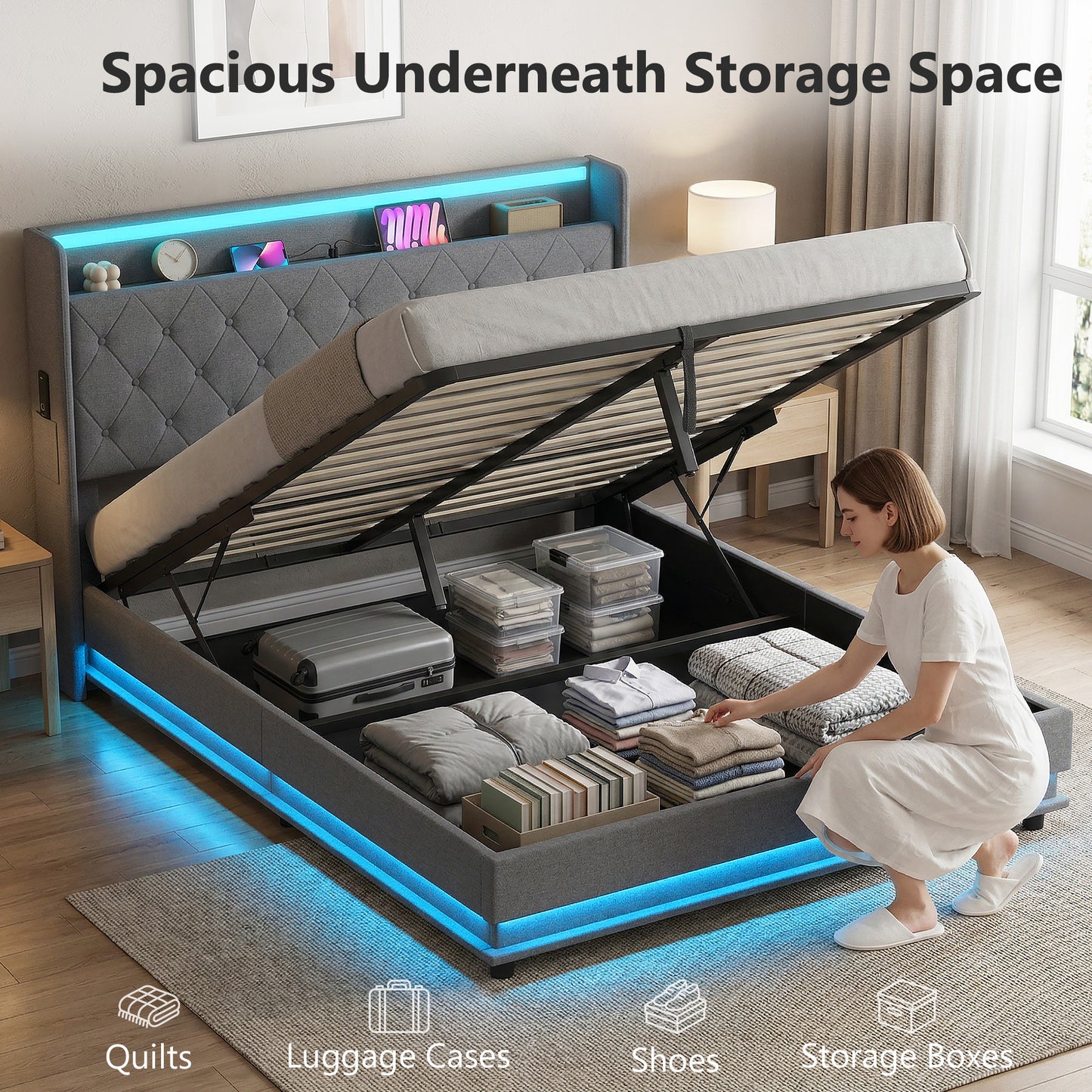 5ft King Bed Frame with Headboard, Platform Bed Frame with Hydraulic Storage, LED Lights and Charging Station, Grey
