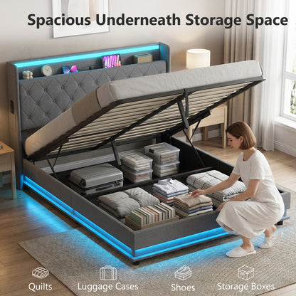 5ft King Bed Frame with Headboard, Platform Bed Frame with Hydraulic Storage, LED Lights and Charging Station, Grey