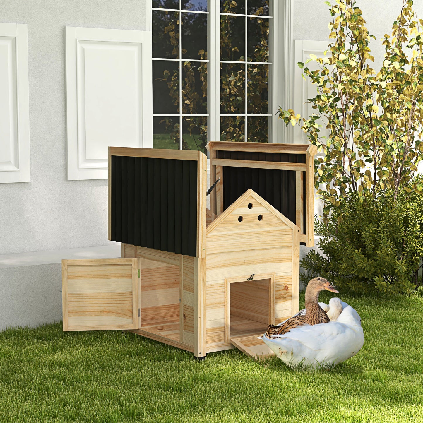 Wooden Duck House with Double Doors, Openable Roof, Ventilation Holes, Removable Base, Natural Wood Finish