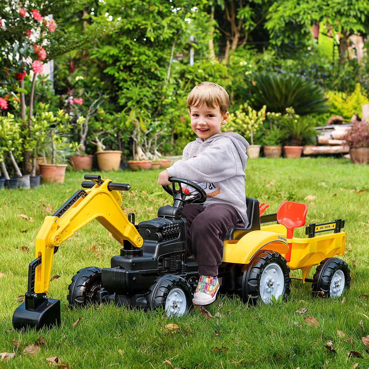 Kids Ride-On Construction Car, with Horn and Detachable Trailer - Yellow