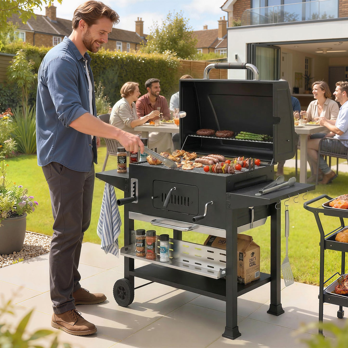 Charcoal BBQ Grill Smoker with Electric Rotisserie Kit, Portable Barbecue Grill with Warming Rack, Black