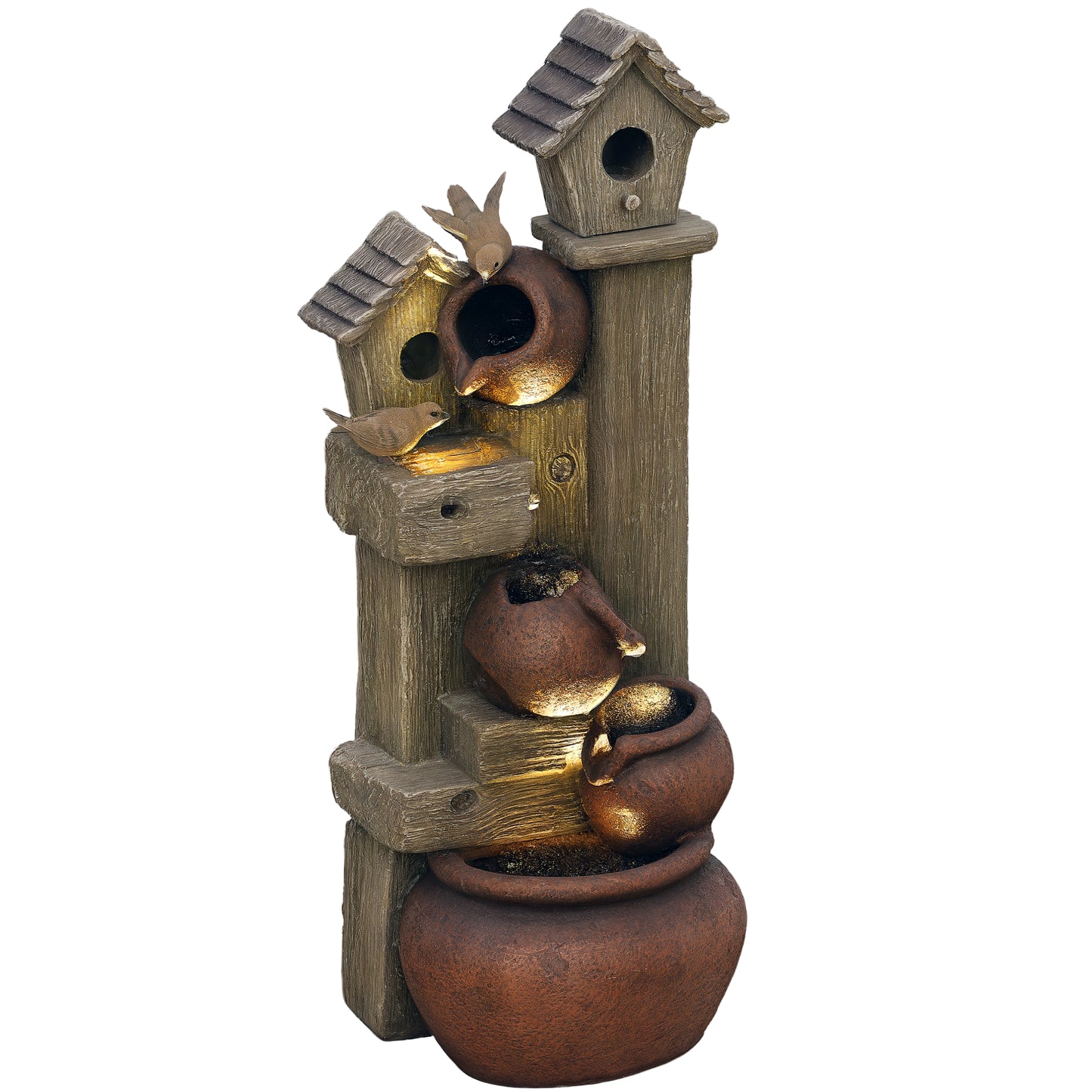 2-in-1 Waterfall Fountain with Birdhouse, Resin Garden Water Fountain with LED Lights Pump