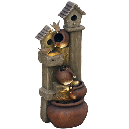 2-in-1 Waterfall Fountain with Birdhouse, Resin Garden Water Fountain with LED Lights Pump