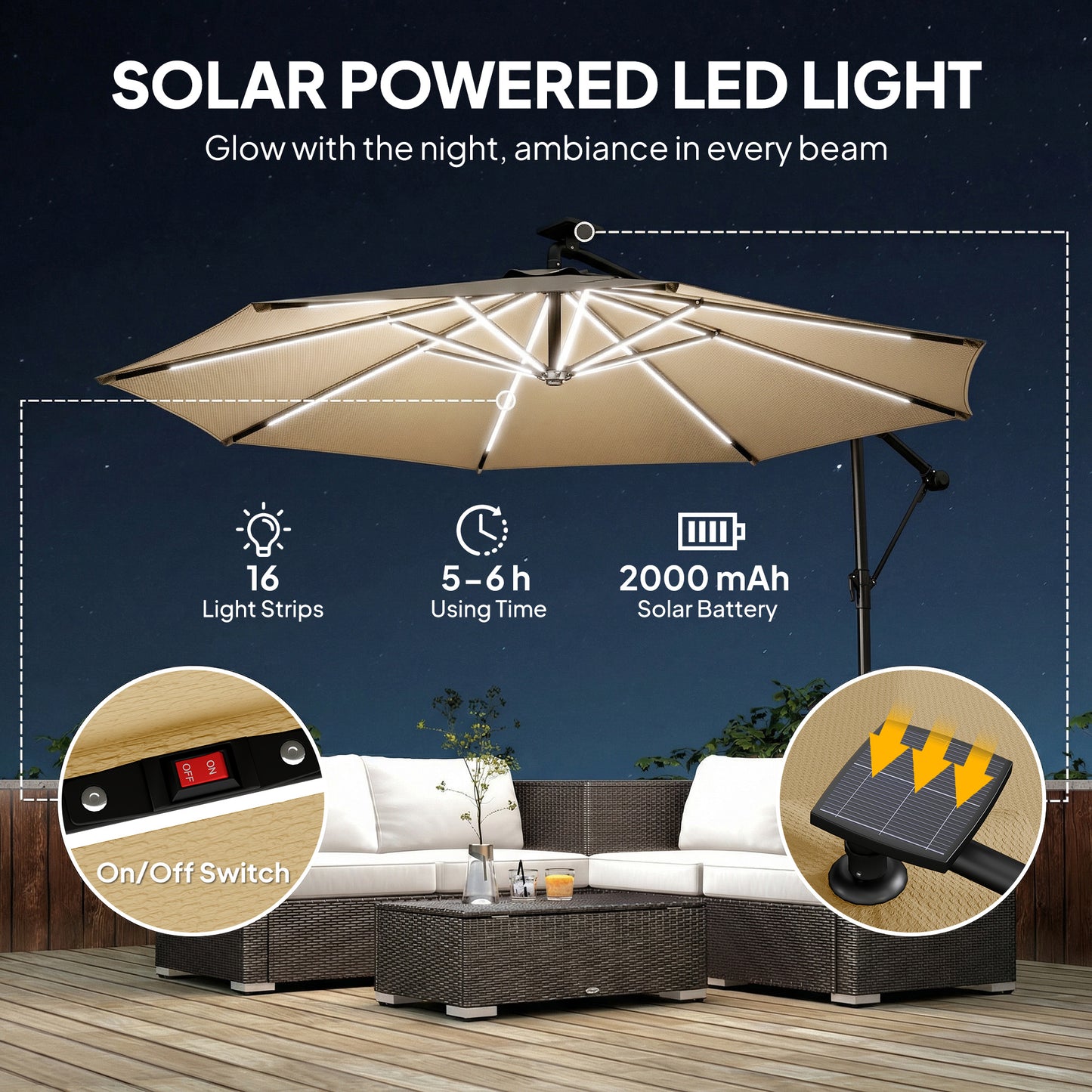 3 m Garden Cantilever Parasol with LED Solar Light, Round Overhanging Umbrella with 360° Rotation, Cover, Khaki