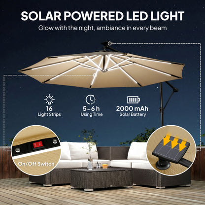 3 m Garden Cantilever Parasol with LED Solar Light, Round Overhanging Umbrella with 360° Rotation, Cover, Khaki