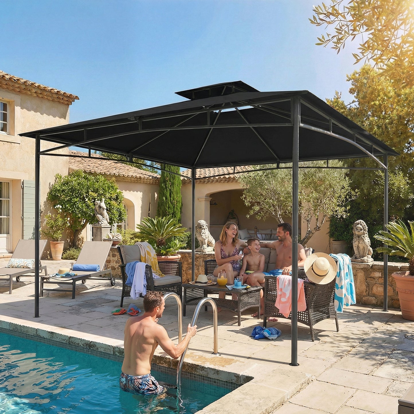 3 x 3 m Gazebo, Garden Gazebo with 2-Tier Roof, Metal Frame, Black