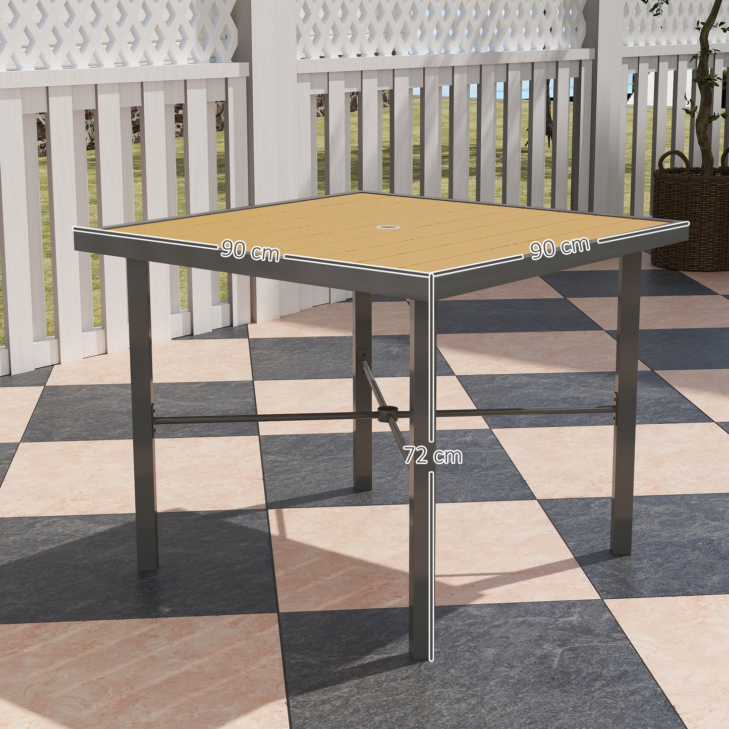Garden Table for 4, 90 cm Rectangular Outdoor Dining Table with 4.2 cm Umbrella Hole, Wood Effect Top, Rust Resistant Frame