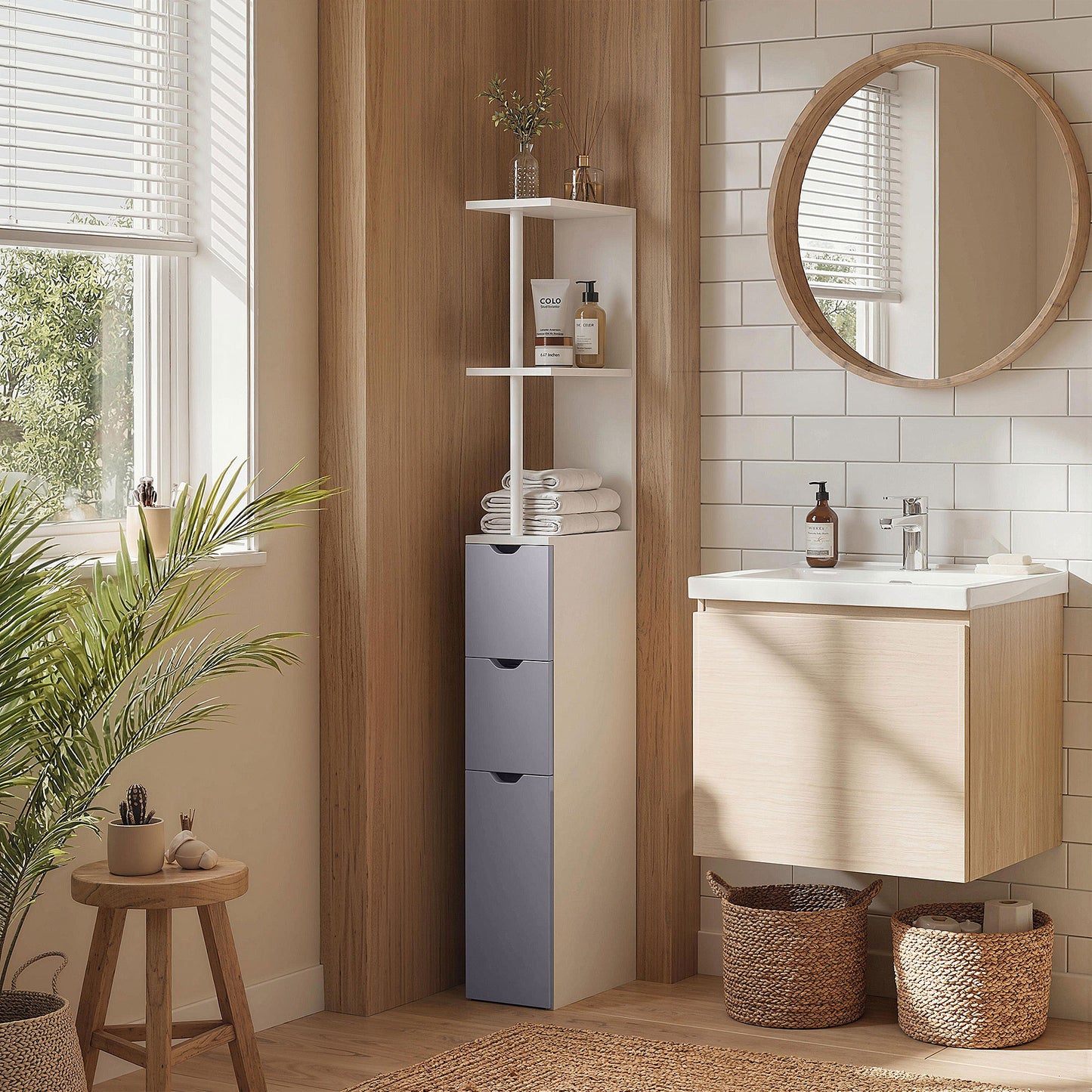 Tall Bathroom Cabinet, Freestanding Slim Bathroom Storage Cabinet with 2-Tier Open Shelf and 2 Drawers for Small Space