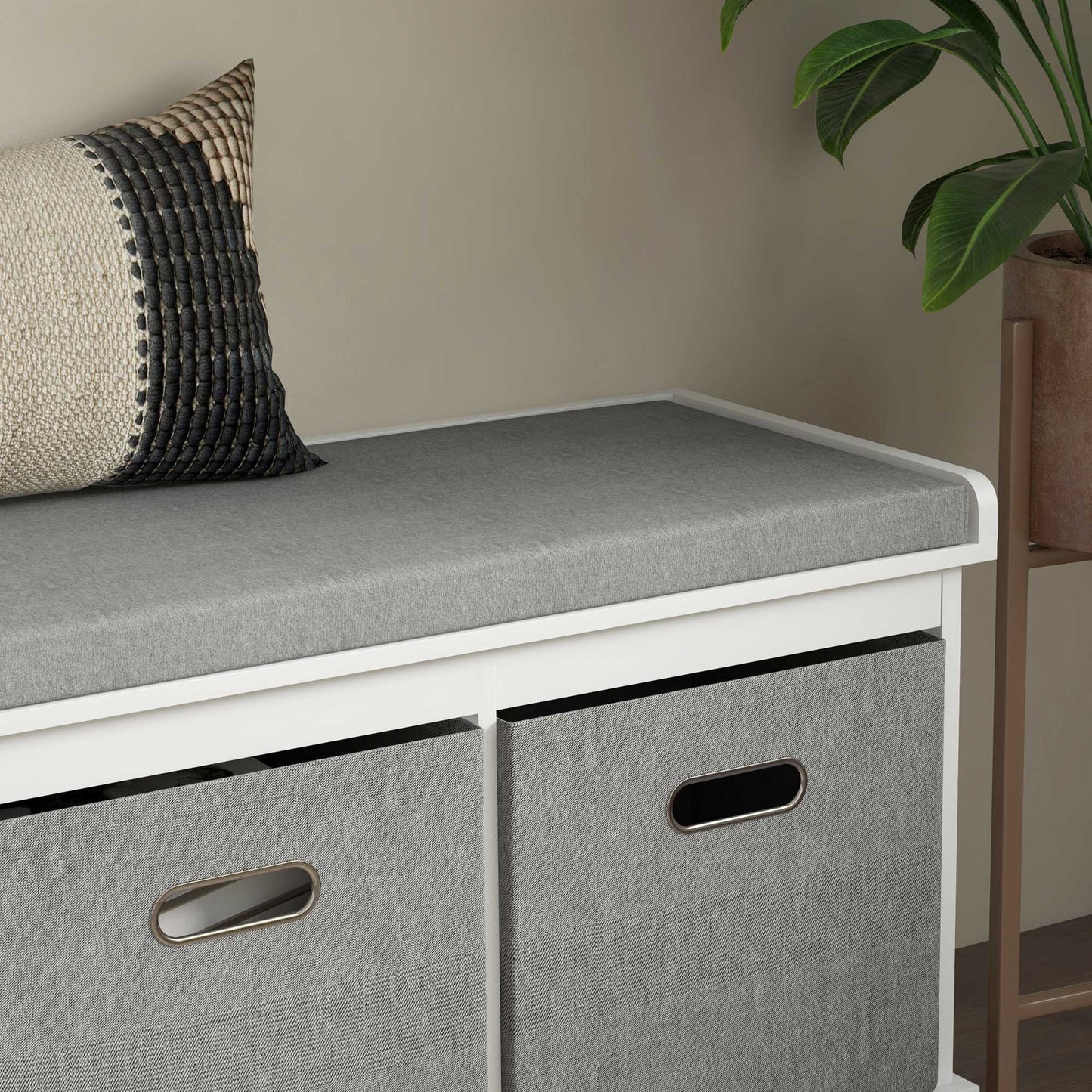 Three-Drawer Shoe Storage Bench, with Padded Top Seat - White