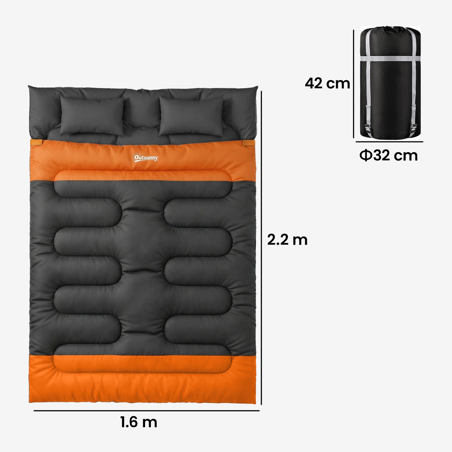 Double Sleeping Bag with 2 Pillows, 220 x 160 cm Extra-Large Sleeping Bag for Adults, Grey and Orange