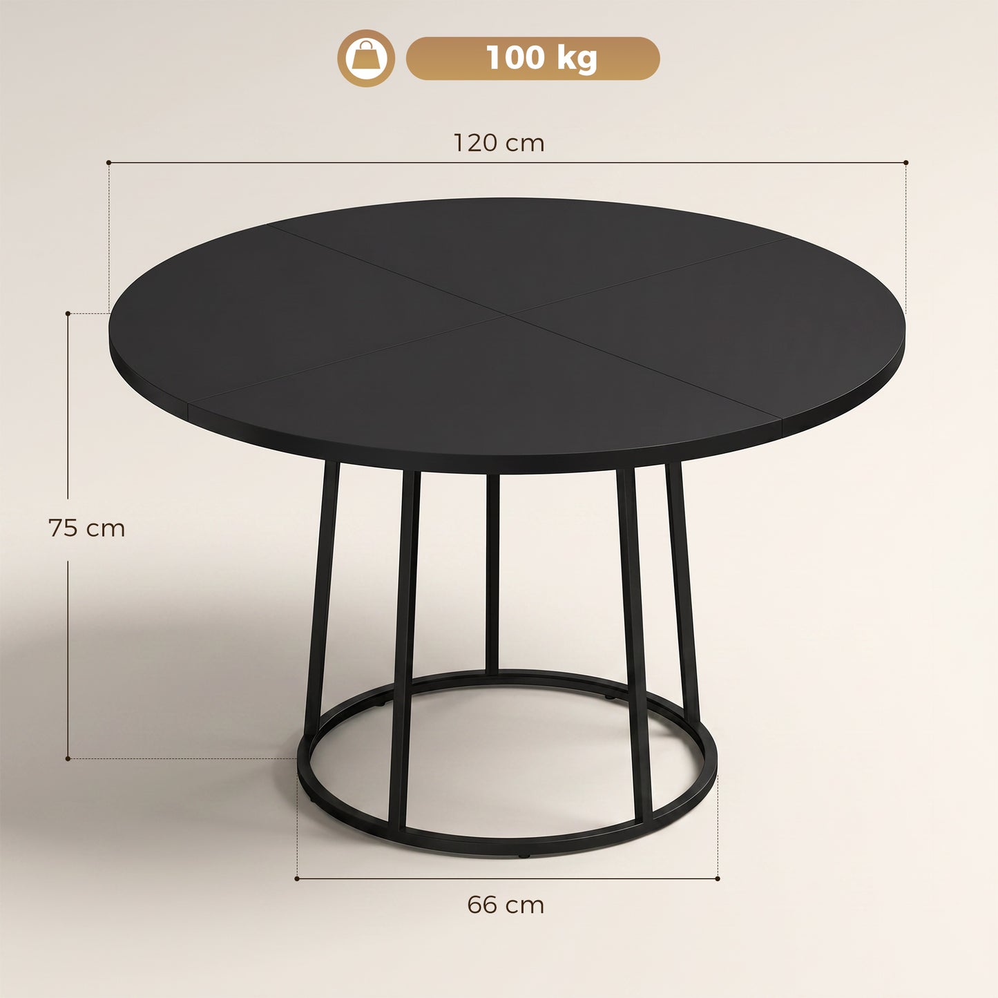 Dining Table Space Saving Kitchen Table Spliced Tabletop Conical Metal Base 120 cm Round Black