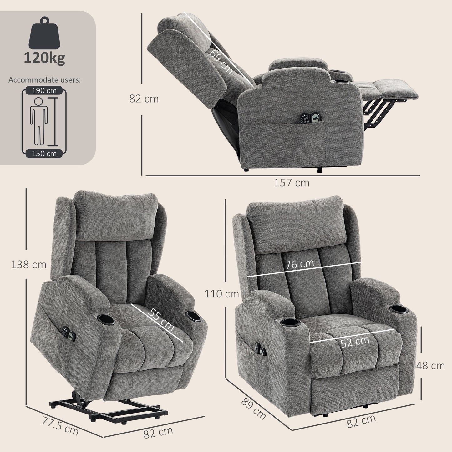 Power Lift Recliner Chair with Vibration Massage and Heat, Chenille Riser and Recliner Armchair for Elderly, Grey