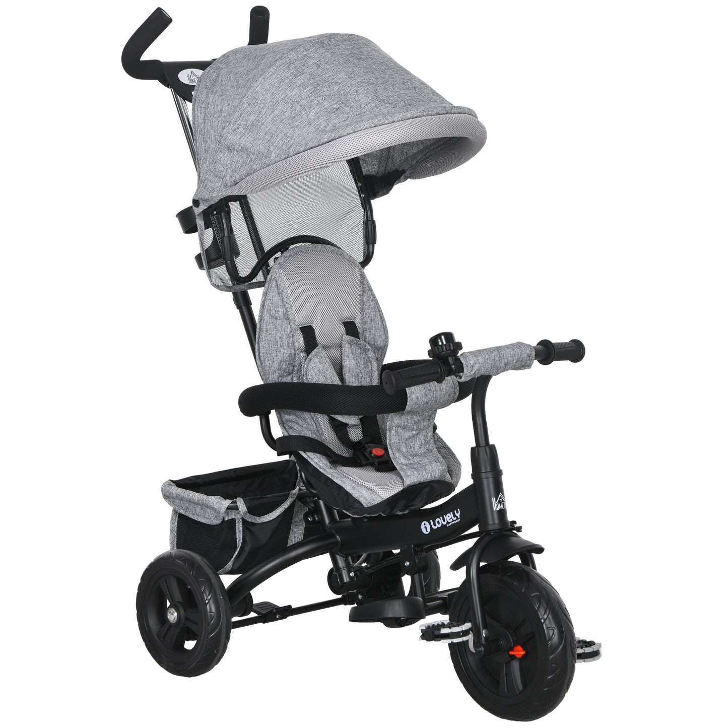 6 in 1 Kids Trike Push Bike w/ Push Handle, Canopy, 5-point Seat Belt, Storage, Footrest, Brake, for 1-5 Years, Grey