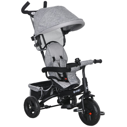6 in 1 Kids Trike Push Bike w/ Push Handle, Canopy, 5-point Seat Belt, Storage, Footrest, Brake, for 1-5 Years, Grey