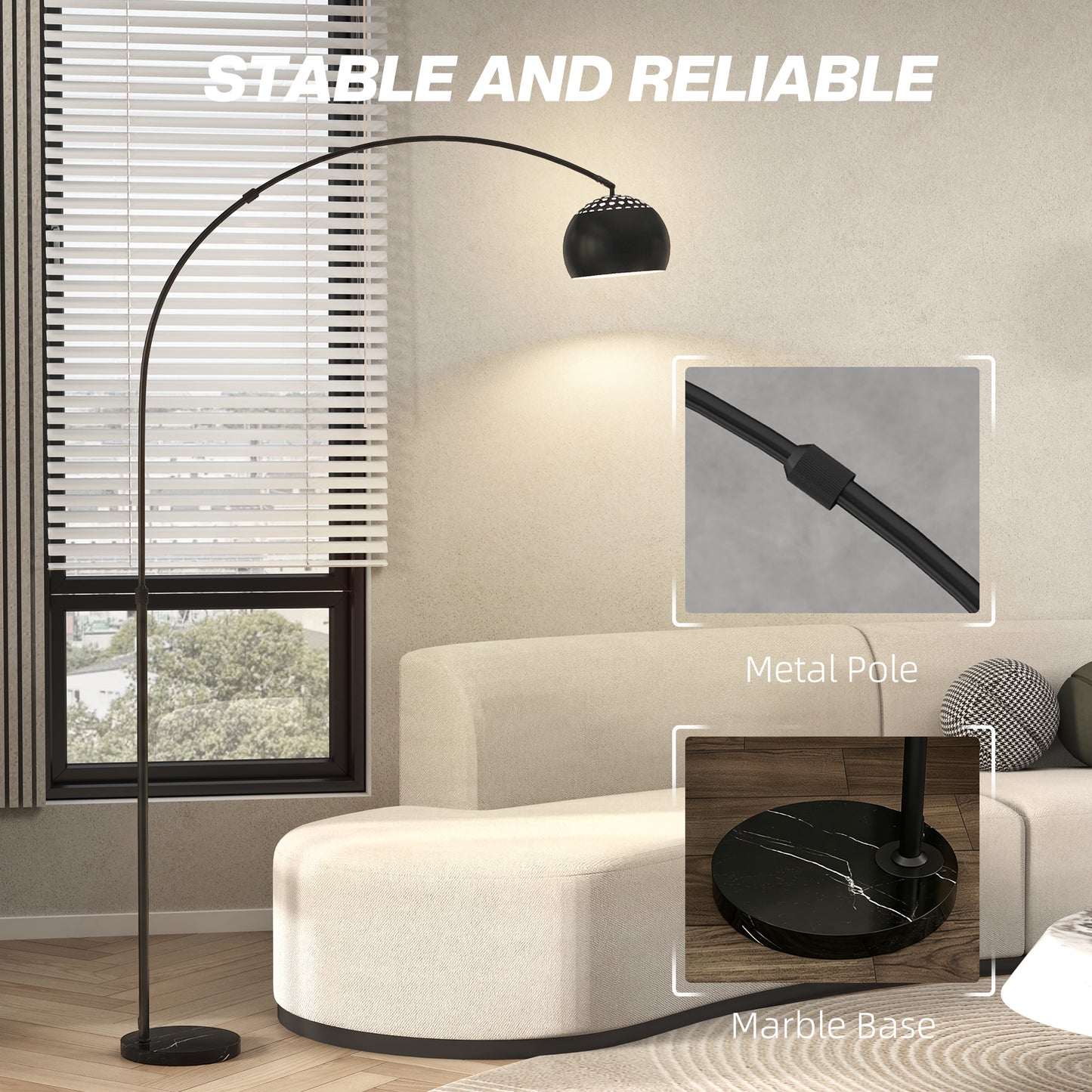 Arc Floor Lamp for Living Room, Modern Adjustable Standing Lamp with Faux Black Marble Base Black