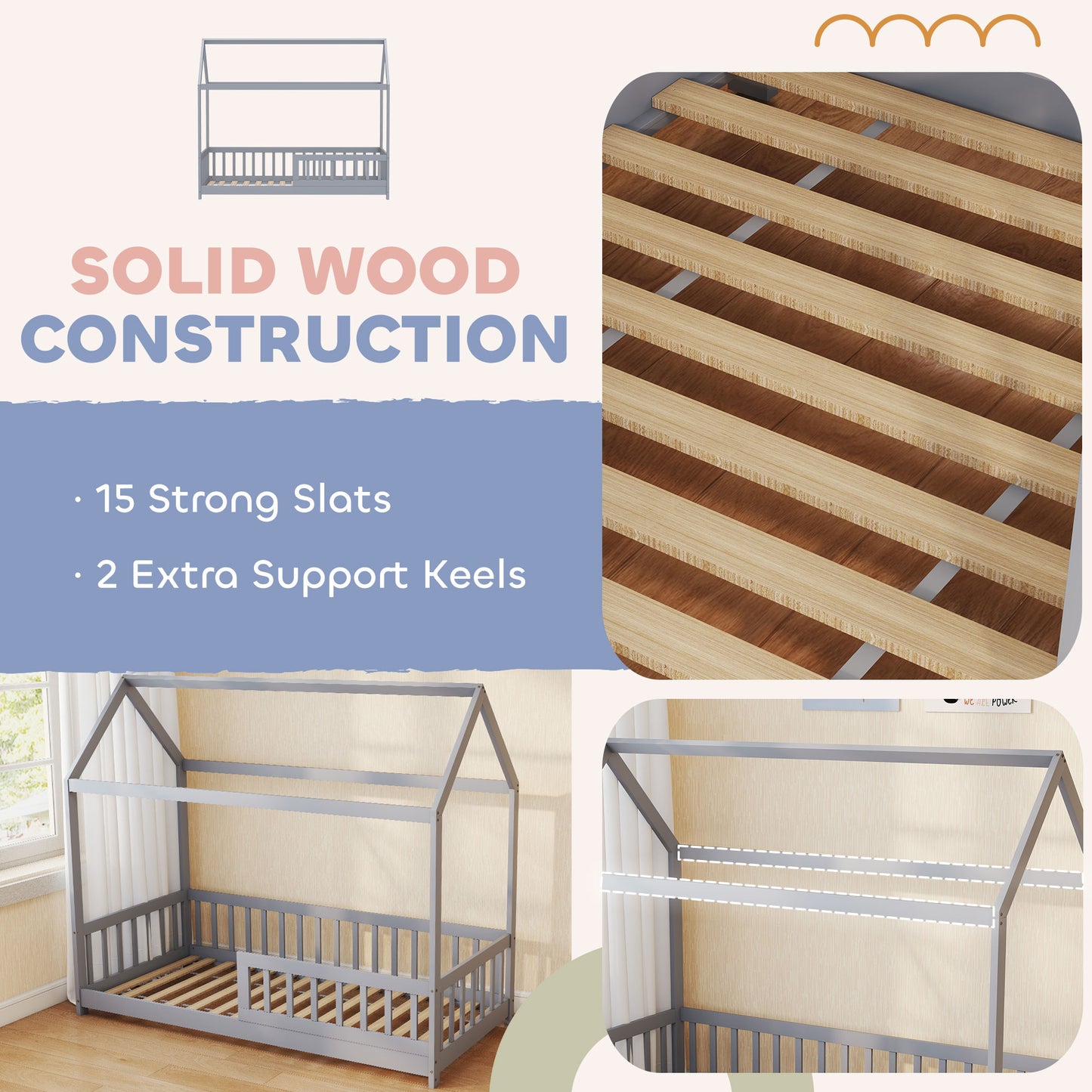 House-Shaped Kids Bed Frame with Guard Rails, Solid Pine Wood Single Bed Frame for Kids Boys and Girls, Grey