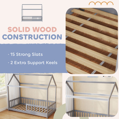 House-Shaped Kids Bed Frame with Guard Rails, Solid Pine Wood Single Bed Frame for Kids Boys and Girls, Grey