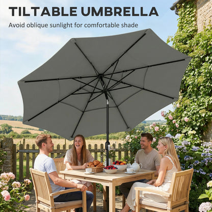 Garden Parasol, Parasol Umbrella with 3-tier Roof, Crank Handle, Tilt Function, Polyester Canopy, Grey