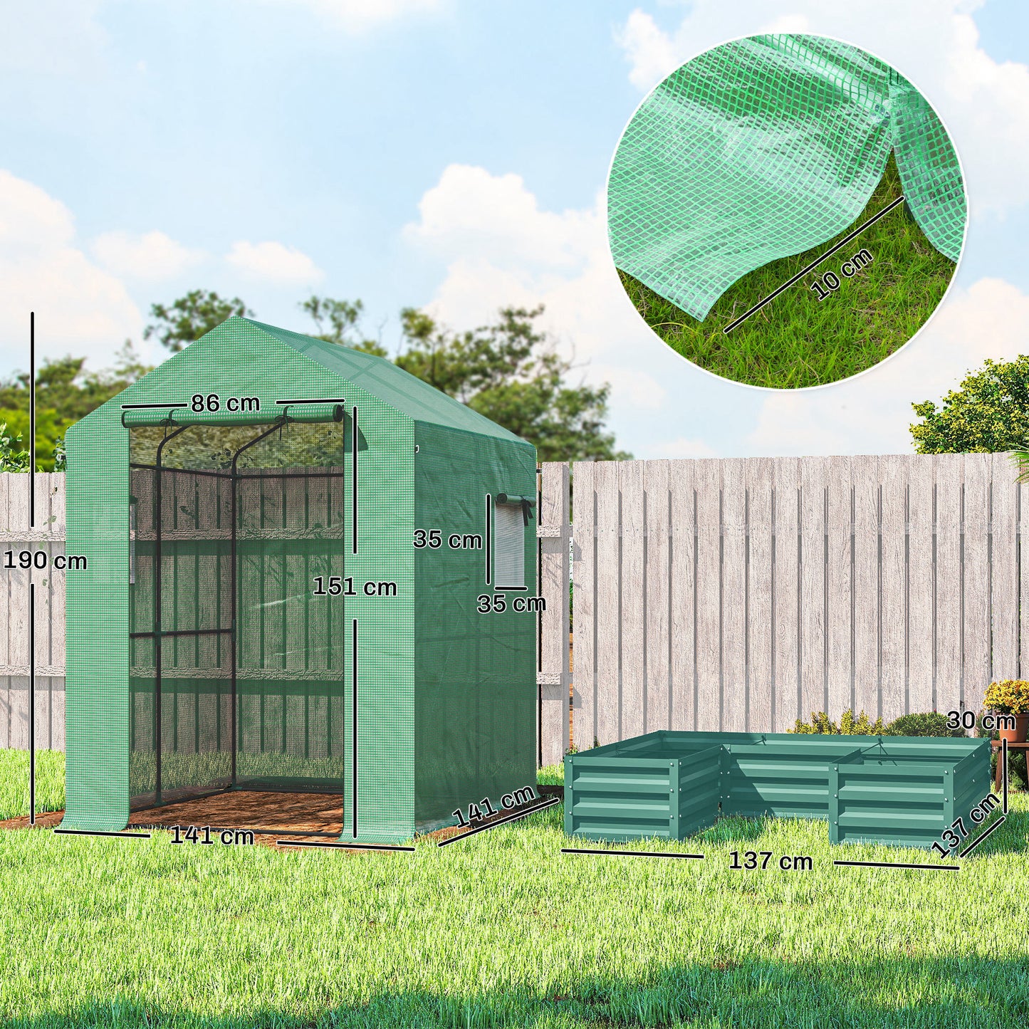 Small Greenhouse with Raised Garden Bed, Galvanised Walk-in Greenhouse with Roll Up Windows, 141 x 141 x 190 cm, Green