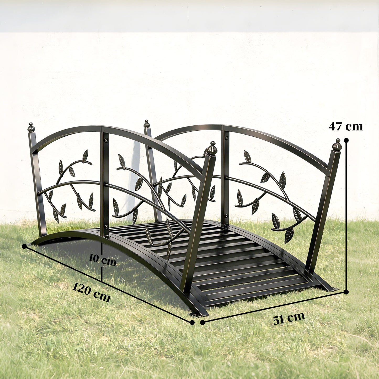 1.2M Metal Garden Bridge with Safety Railings, Outdoor Pond Bridge, Arch Decorative Footbridge for Creek Stream