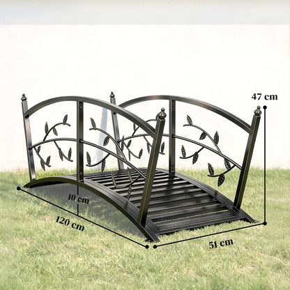 1.2M Metal Garden Bridge with Safety Railings, Outdoor Pond Bridge, Arch Decorative Footbridge for Creek Stream