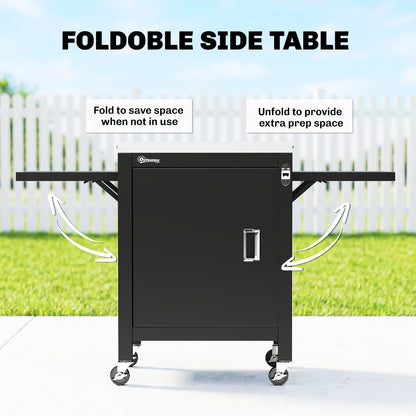 Outdoor Grill Cart with Stainless Steel Tabletop, BBQ Table with a Cabinet, Towel Holder, Bottle Opener, Black