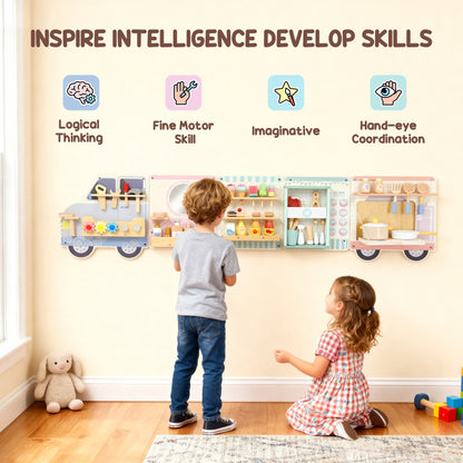 Wooden Busy Board, 5 in 1 Activity Wall Panels for Kids 3+ Years, for Daycare, Playroom, Home