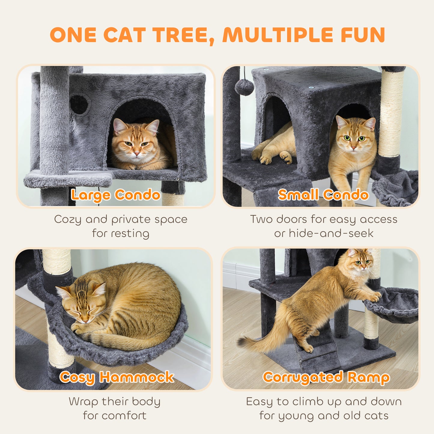 140cm Large Cat Tree Tower with Sisal Scratching Posts, Cat Houses, Plush Perches, Hammock, Ladder, Dark Grey