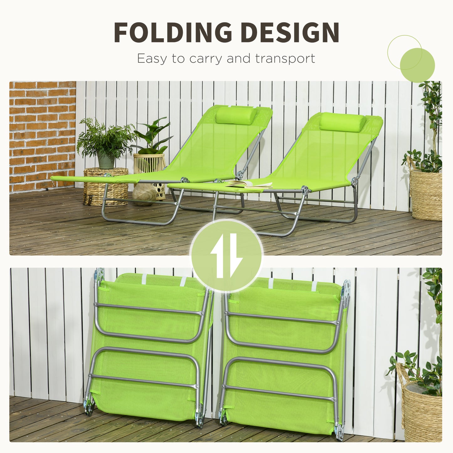 Set of Two Steel Frame Sun Loungers, with Reclining Backs - Green
