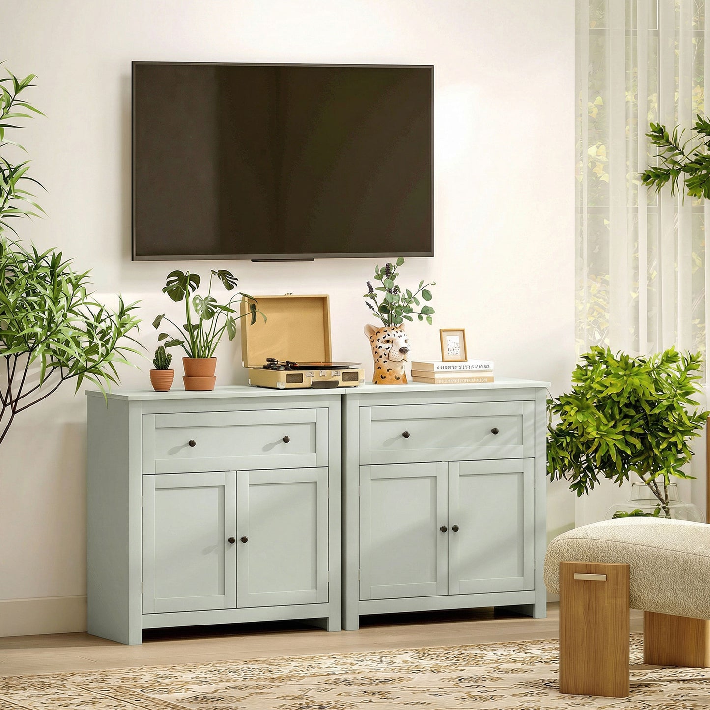 Sideboard Storage Cabinet, Modern Kitchen Cupboard with Adjustable Shelf, Drawer and Double Doors, Green