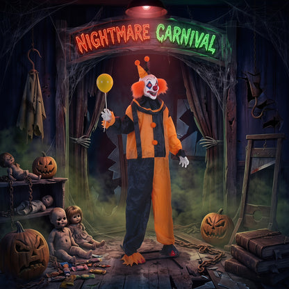 190cm Life Size Animated Clown Halloween Decoration, Scary Halloween Animatronics Decor with Sound Touch Activated