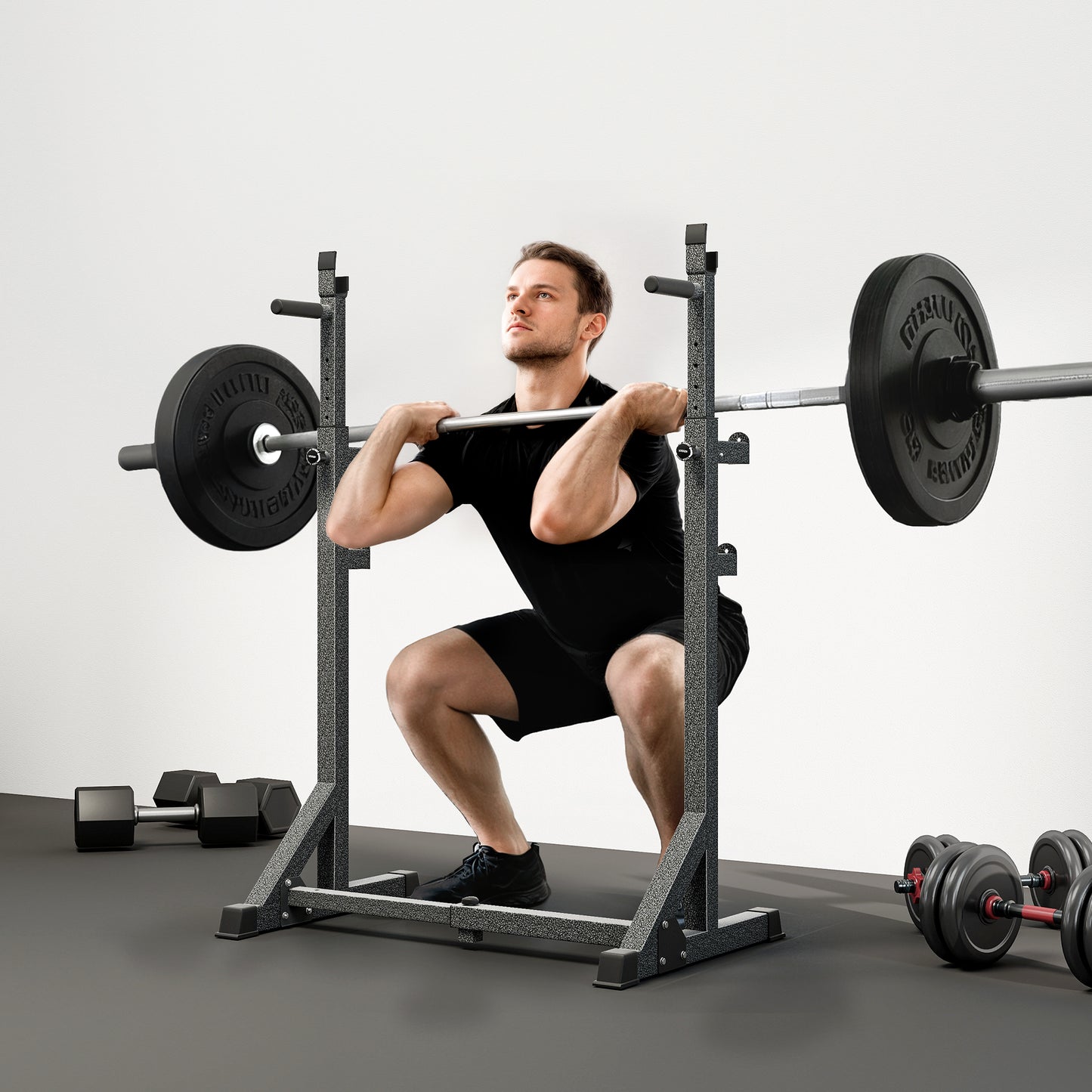 Heavy Duty Barbell Squat Rack, Adjustable and Multifunctional Weight Power Stand, for Home, Gym - Black